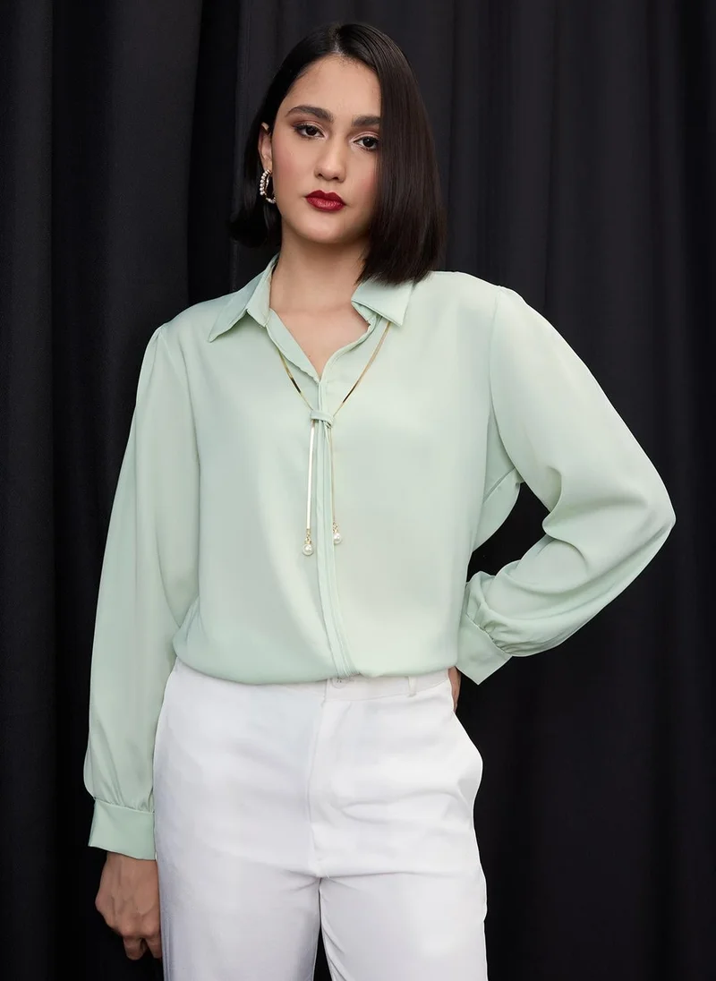 globus Globus Women Green Collared Neck Cuffed Sleeves Chain & Pearl Detail Shirt Style Workwear Top